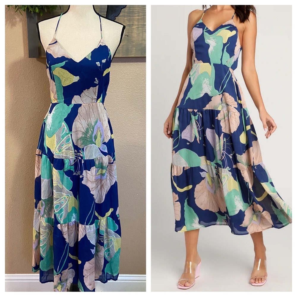 Lulu's Blue and Green Floral Midi Dress